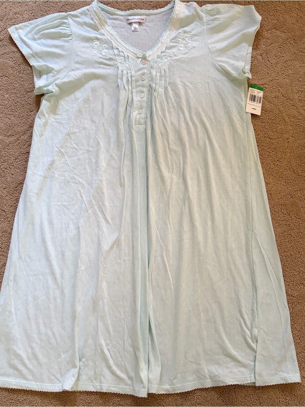 NWT Miss Elaine Light Green Short Sleeve Nightgown - Soft Cotton Blend